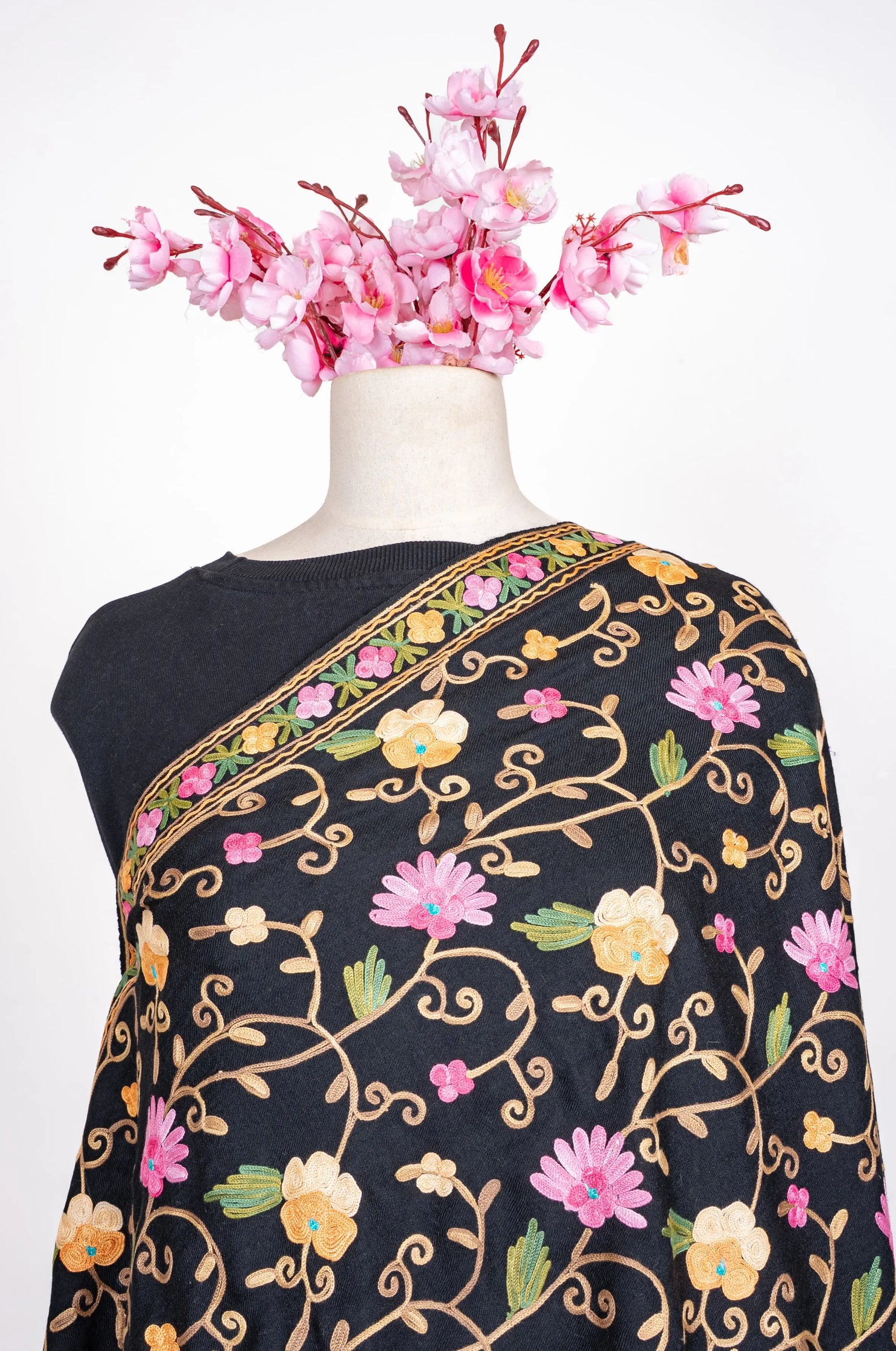 Noir Floral Symphony Aari Machine Embroidered Shawl
