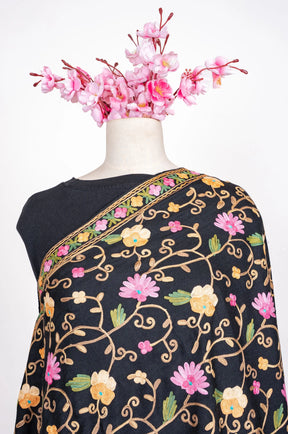Noir Floral Symphony Aari Machine Embroidered Shawl