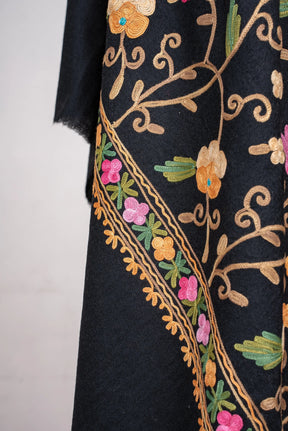 Noir Floral Symphony Aari Machine Embroidered Shawl