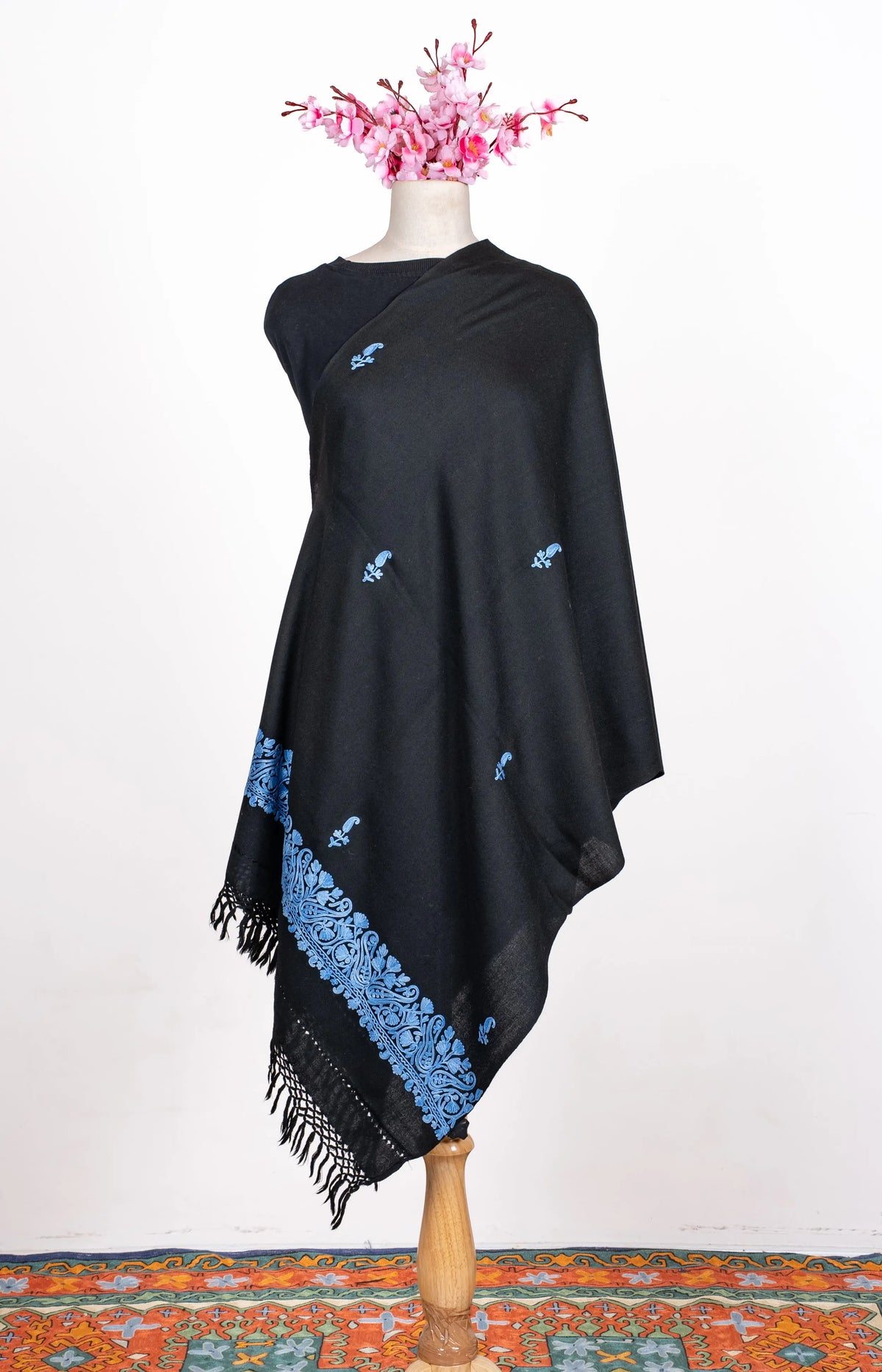 Azure Paisley Noir Aari Machine Embroidered Shawl