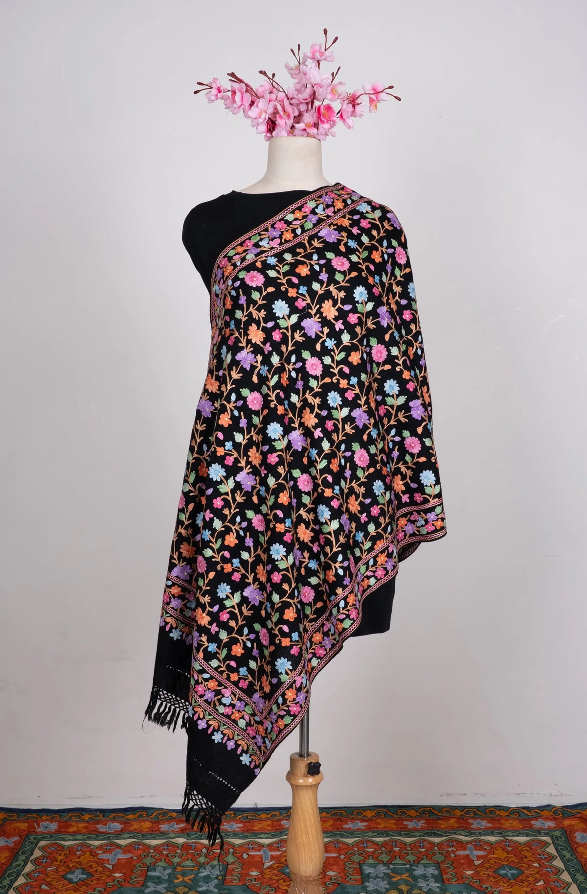 Midnight Botanical Garden Aari Machine Embroidered Shawl
