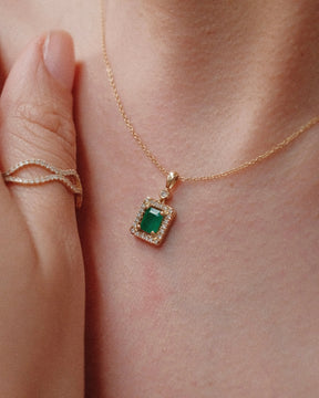 Emerald Cut Emerald & Diamond Halo Necklace
