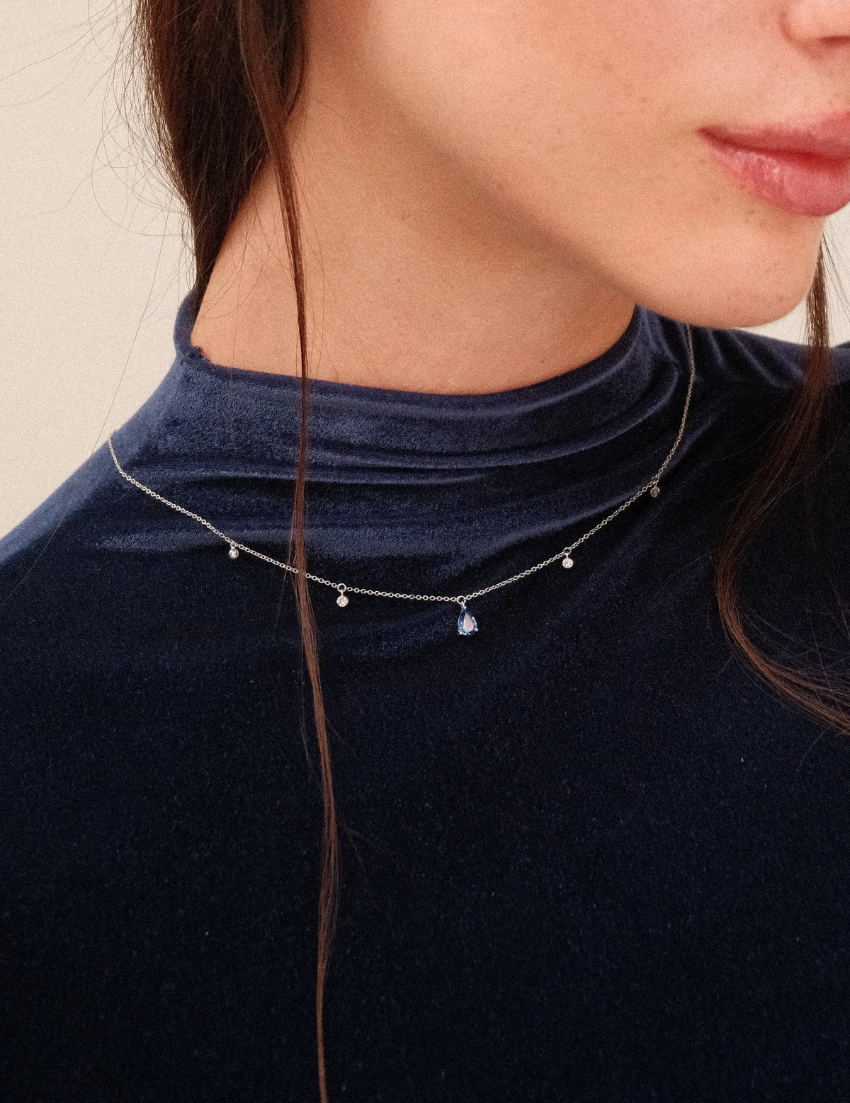 Pear Sapphire & Mini Round Diamond Necklace