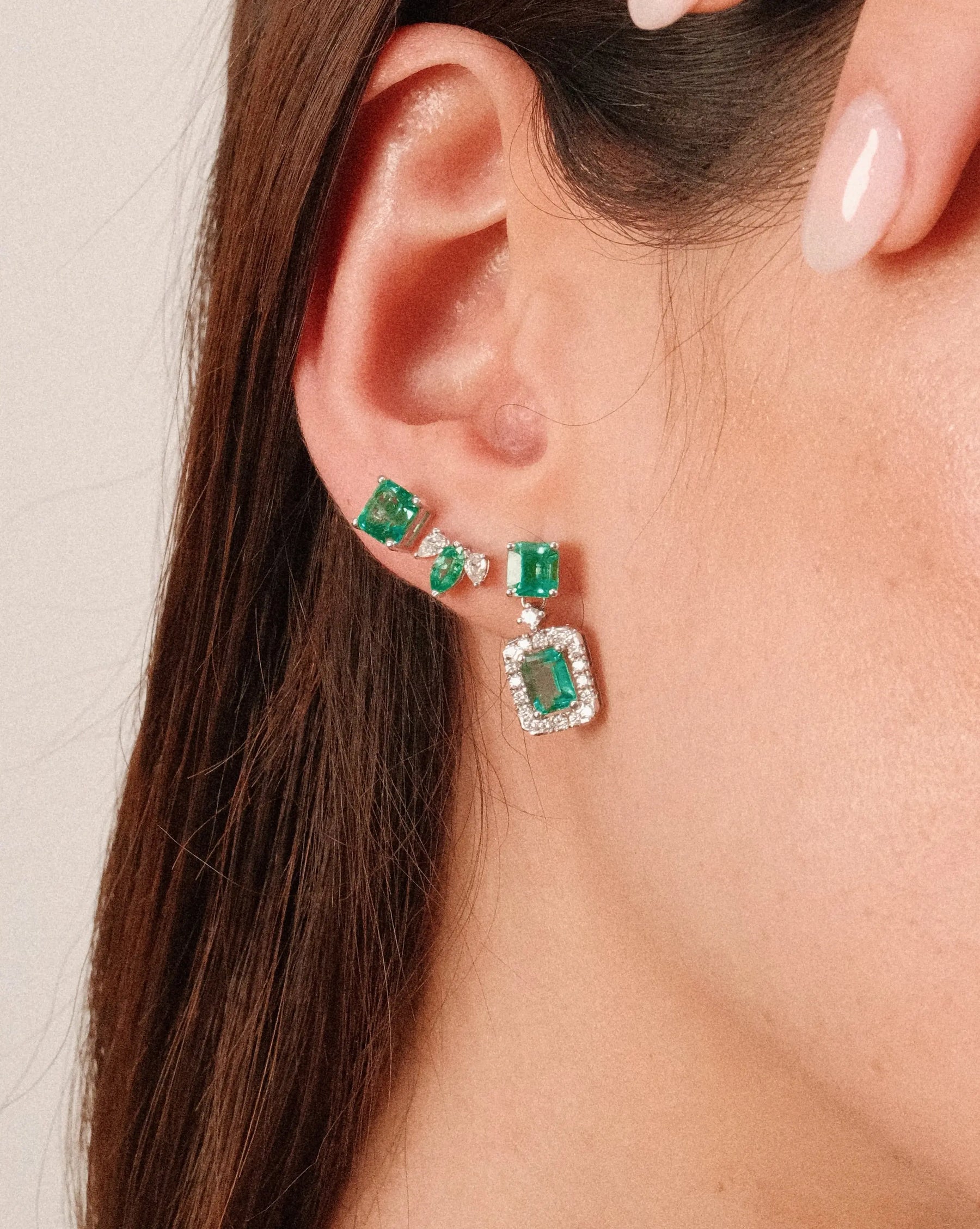 Emerald Cut Emerald & Diamond Halo Drop Earrings