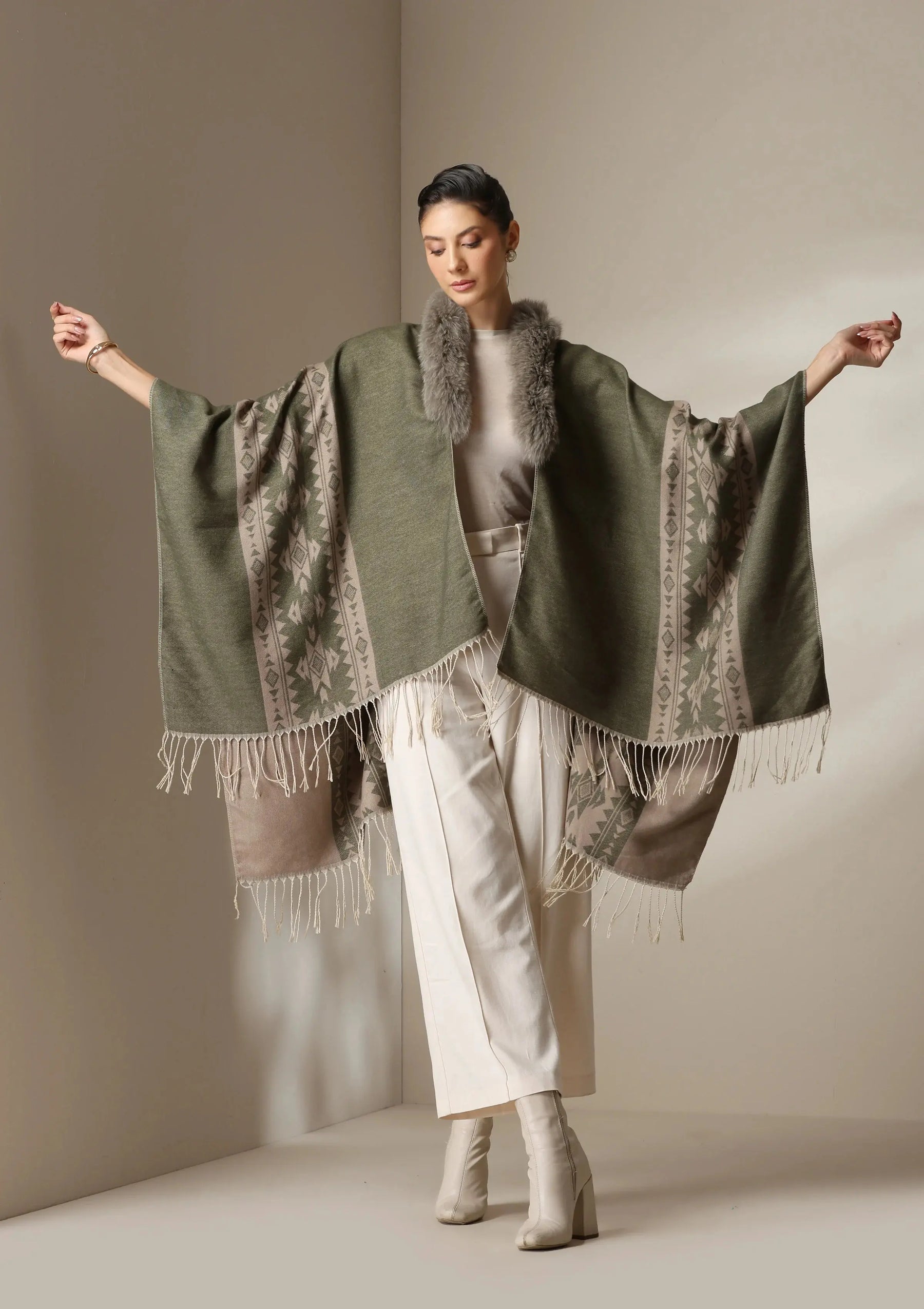 Dusala Olive Mist Vegan Fur Cape