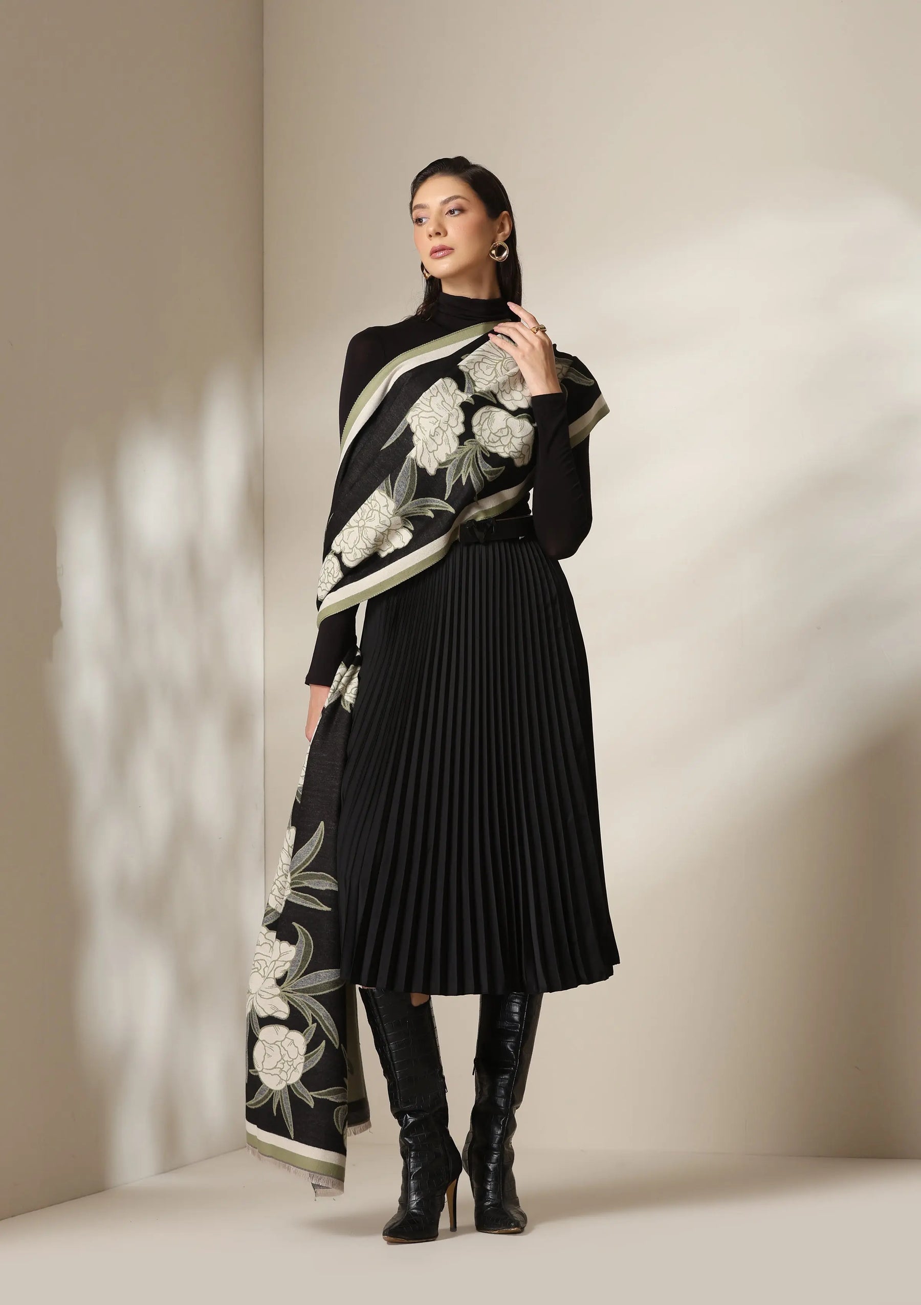 Black Peony Garden Woven Cashmere Blend Shawl