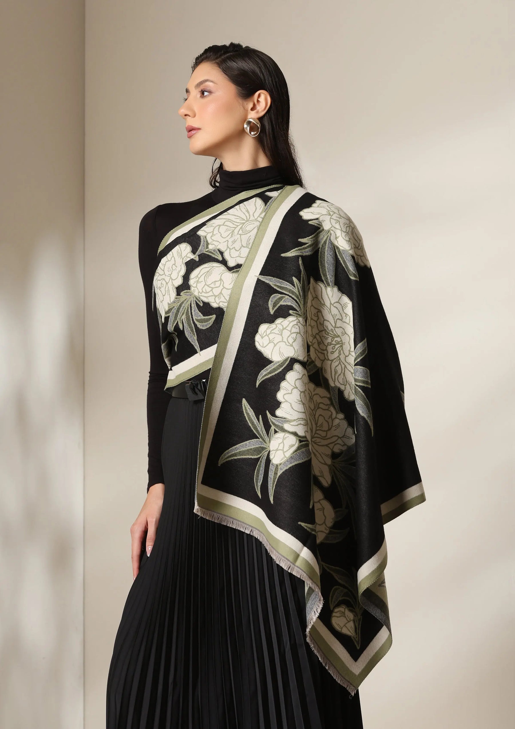 Black Peony Garden Woven Cashmere Blend Shawl