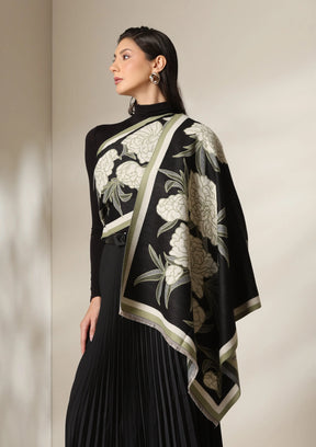 Black Peony Garden Woven Cashmere Blend Shawl