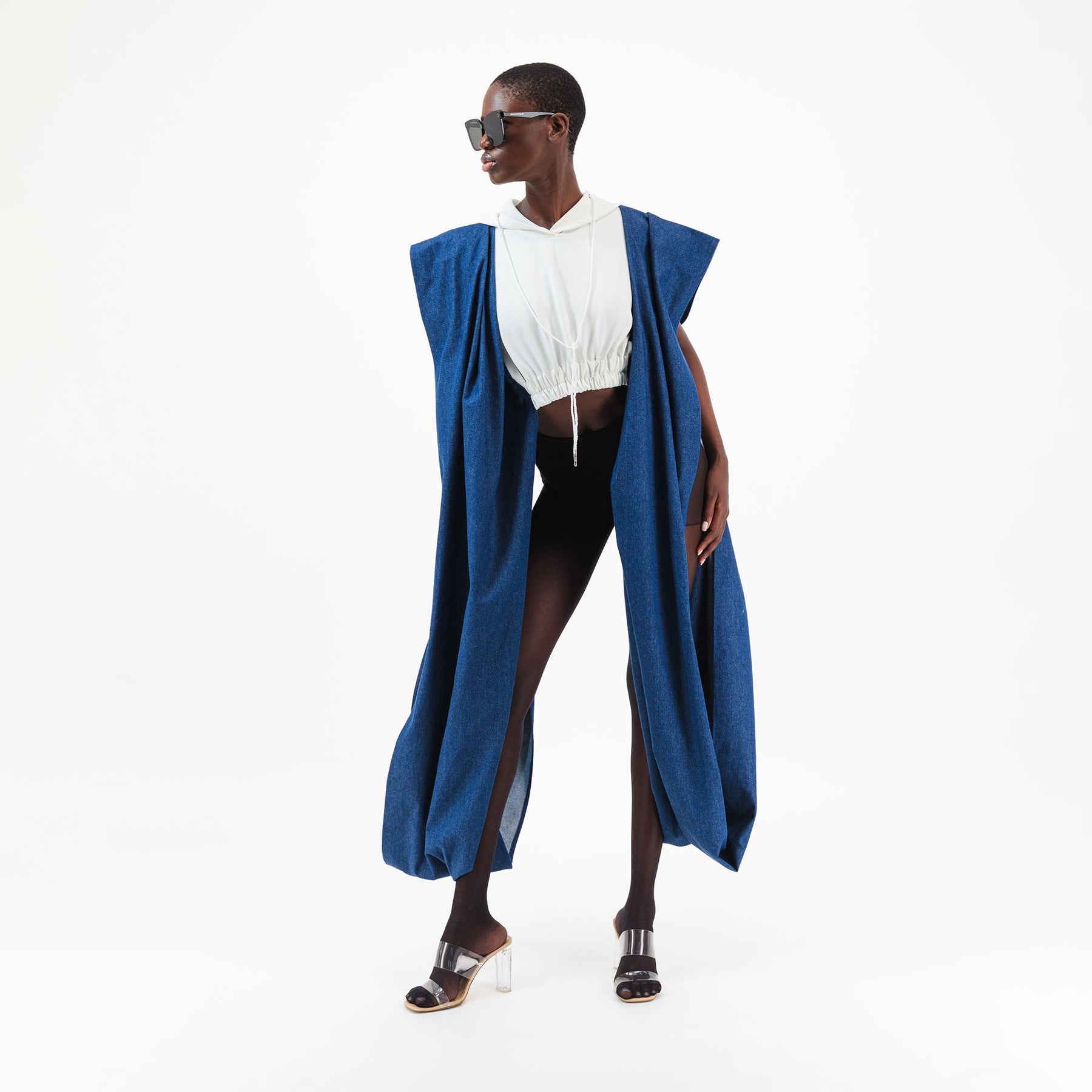 Denim Agbada Sleeves Crop Hoodie