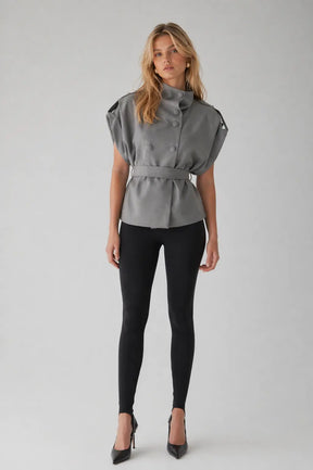 Structured High-Neck Tailored Vest with Belt