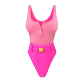 Panthère Rose One-Piece Swimsuit — Sculpting Ribbed Fabric with Waist Belt