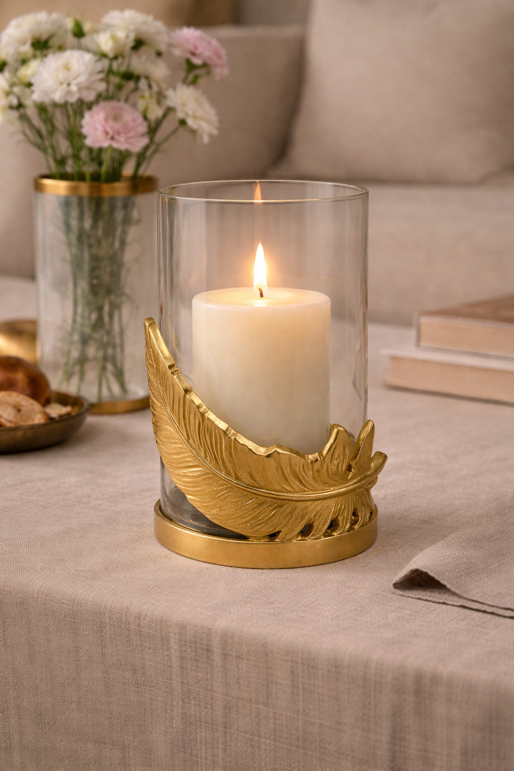 Feather Glow Votive Candle Holder — Gold Finish