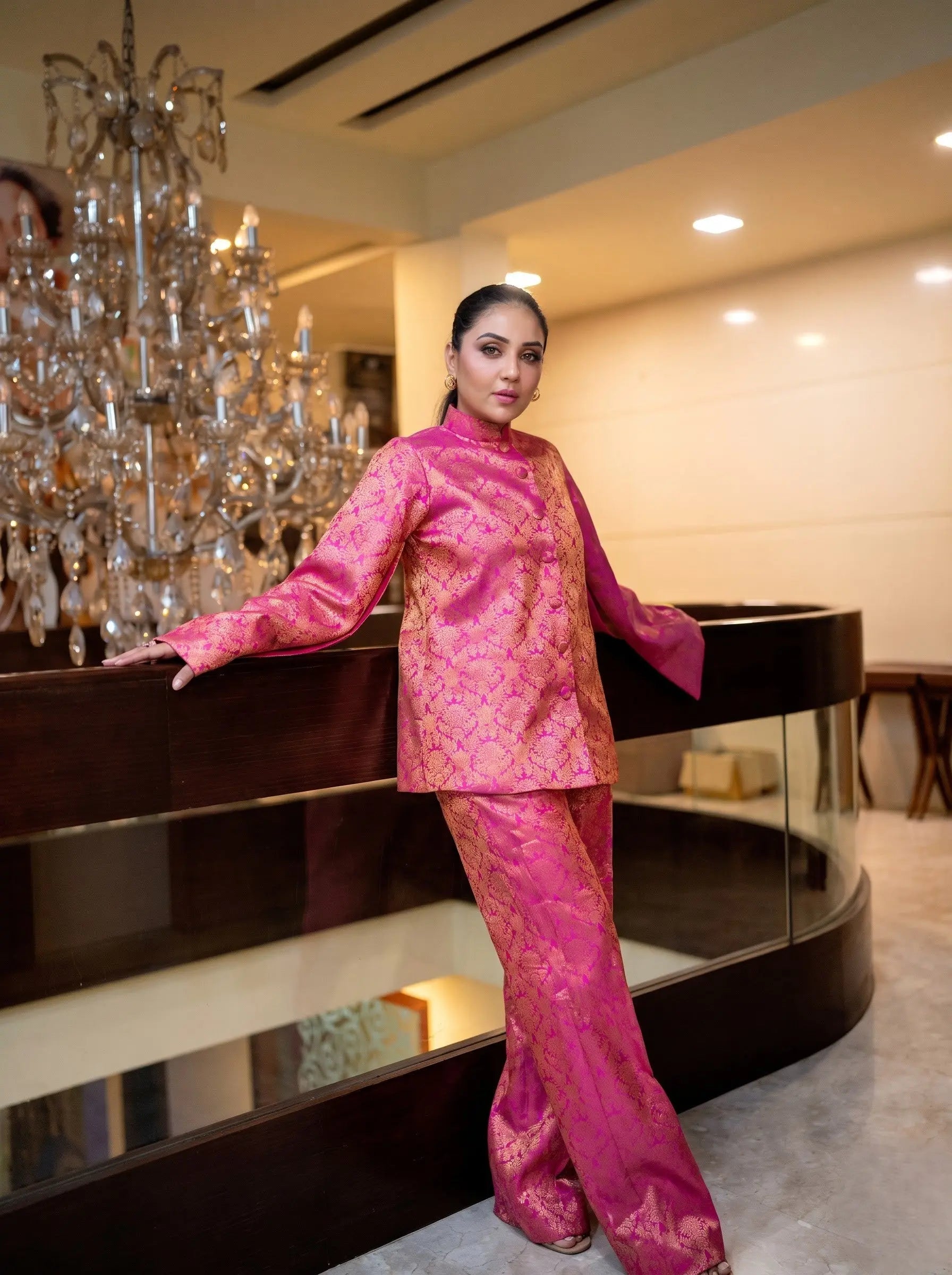 Jodha Banarasi Jacket: Women's Fuchsia Gold Floral Indowestern Wear