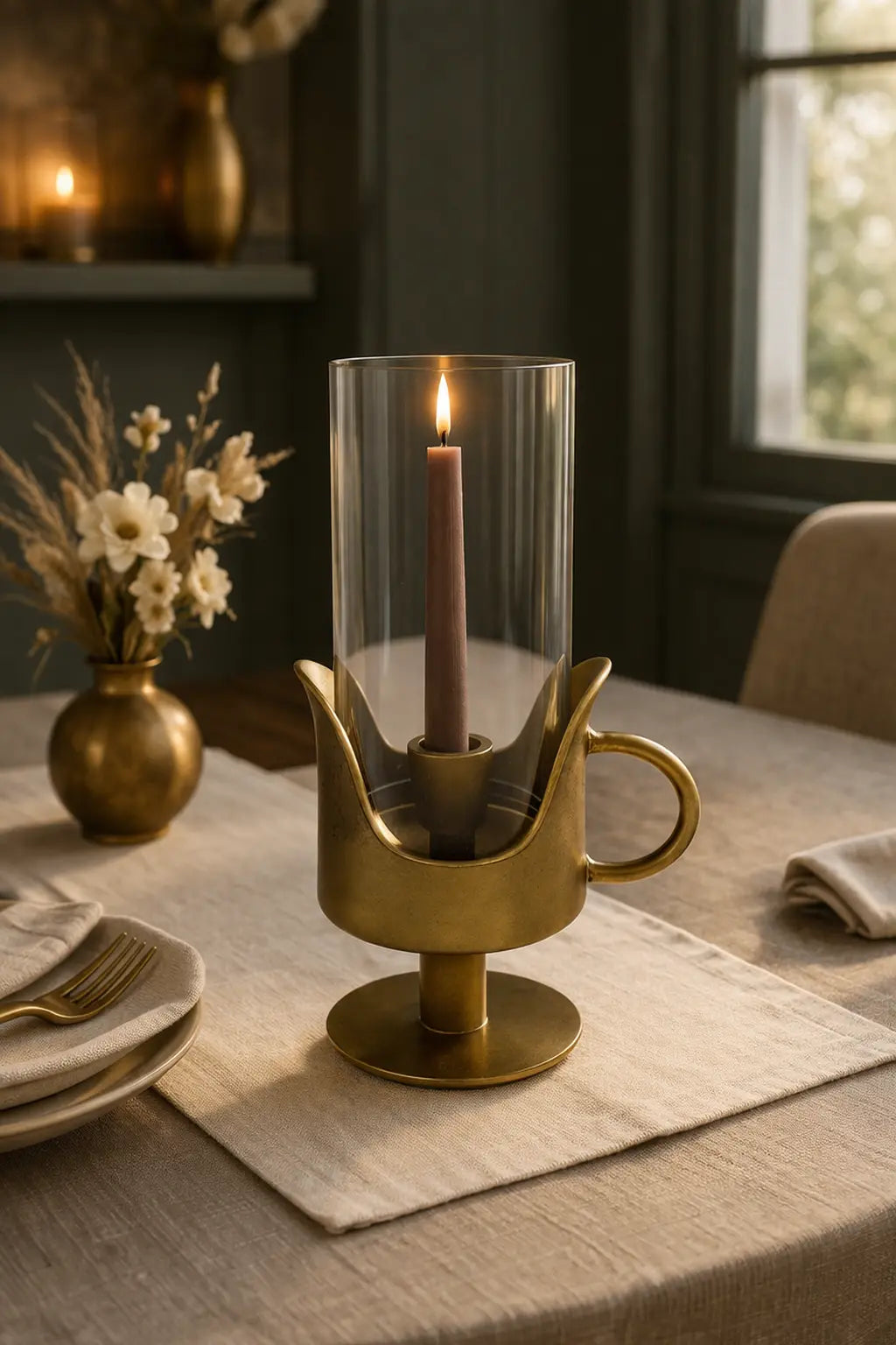 Halo Hurricane Candle Holder with Handle — Antique Brass Finish