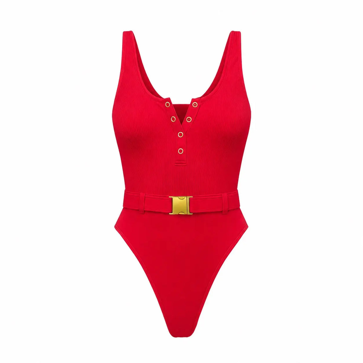 Panthère Rouge One-Piece Swimsuit — Sculpting Ribbed Fabric with Waist Belt