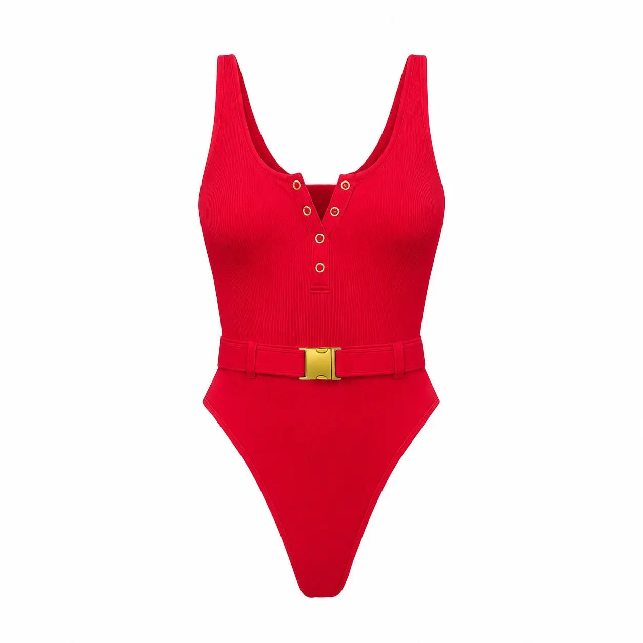 Panthère Rouge One-Piece Swimsuit — Sculpting Ribbed Fabric with Waist Belt