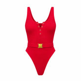 Panthère Rouge One-Piece Swimsuit — Sculpting Ribbed Fabric with Waist Belt
