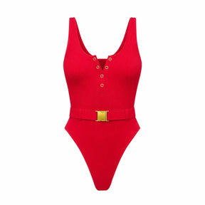 Panthère Rouge One-Piece Swimsuit — Sculpting Ribbed Fabric with Waist Belt