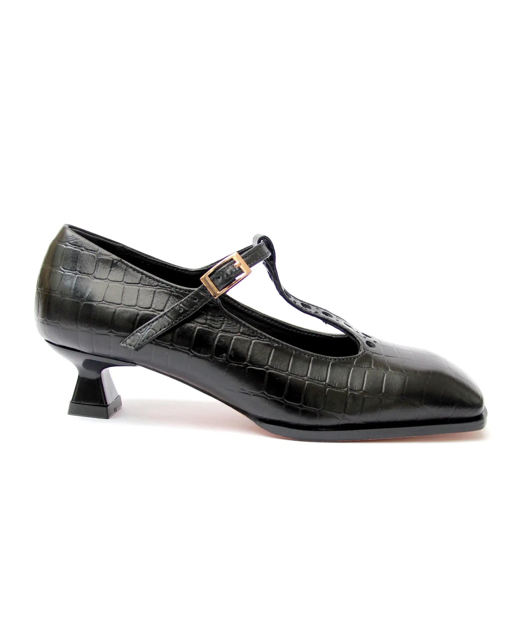 T Strap Matilda Cuero Croco Negro