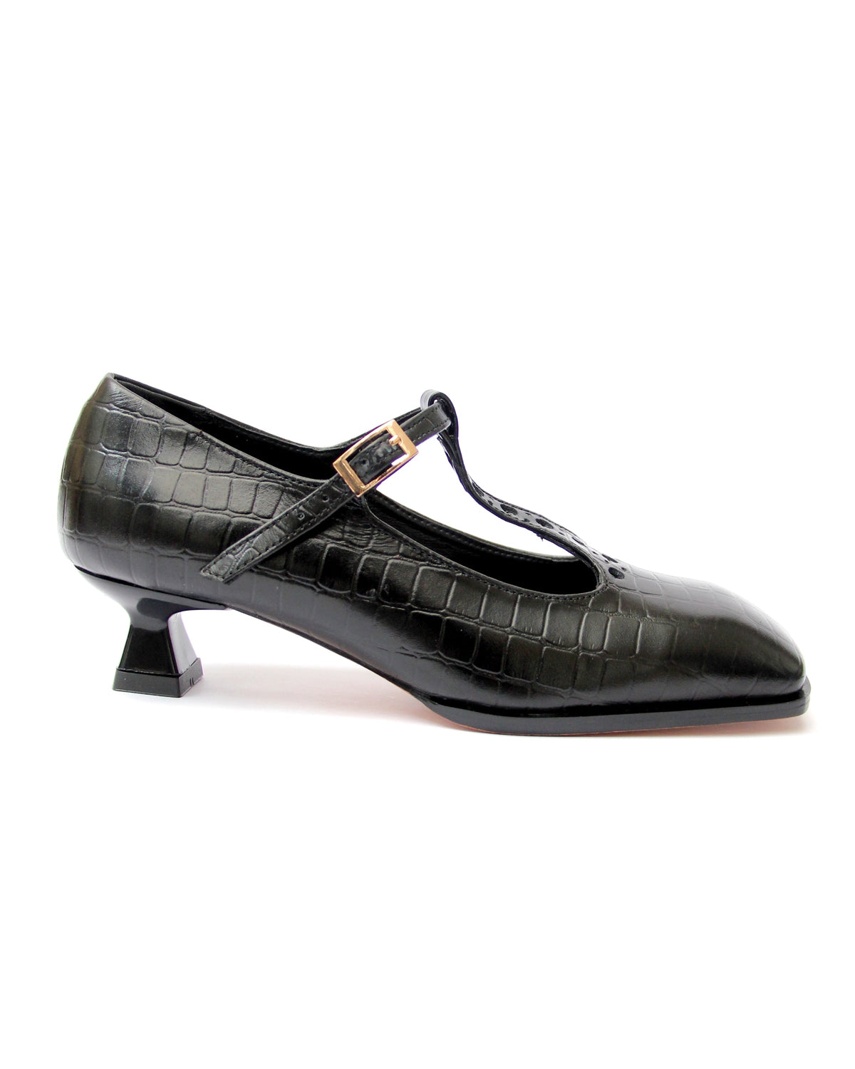 T Strap Matilda Cuero Croco Negro