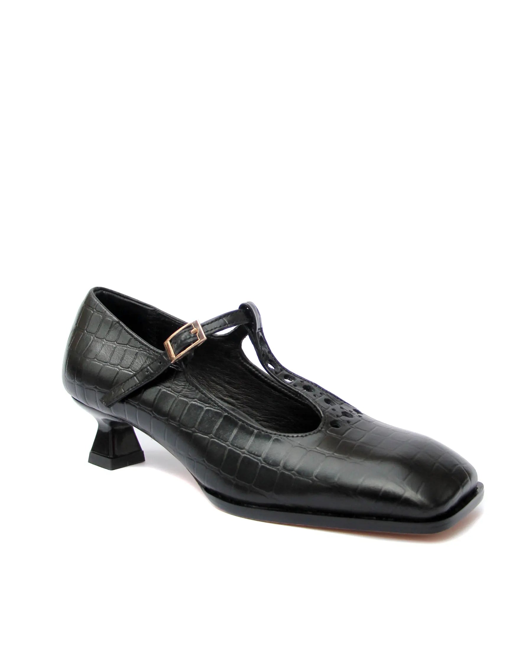 T Strap Matilda Cuero Croco Negro