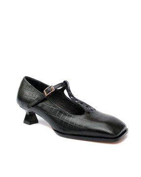 T Strap Matilda Cuero Croco Negro