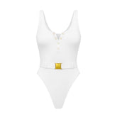 Panthère Blanche Luxury One-Piece Swimwear | Textured Ribbed Fit & Belt Detail