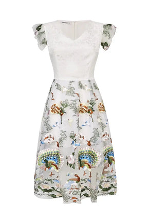 Short-sleeved Qiaochu Embroidered Peacock Dress