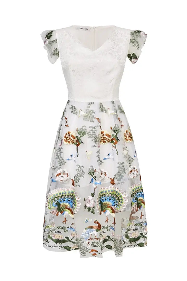 Short-sleeved Qiaochu Embroidered Peacock Dress