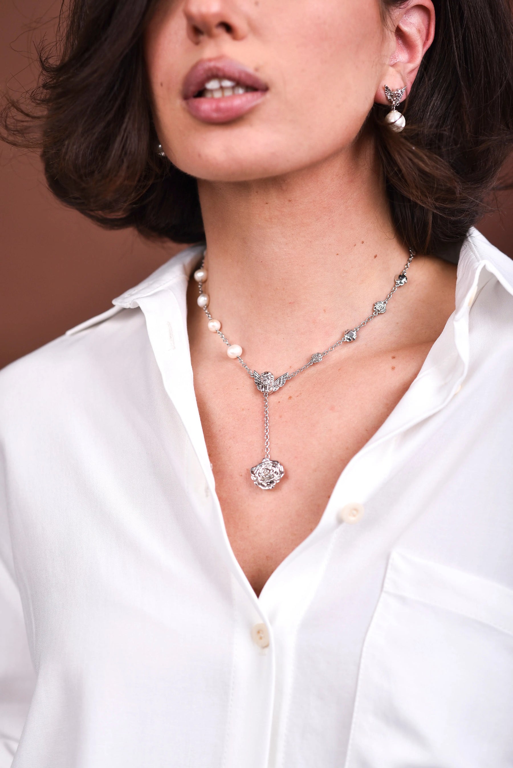 Devotion Cupid Pearl Rose Necklace