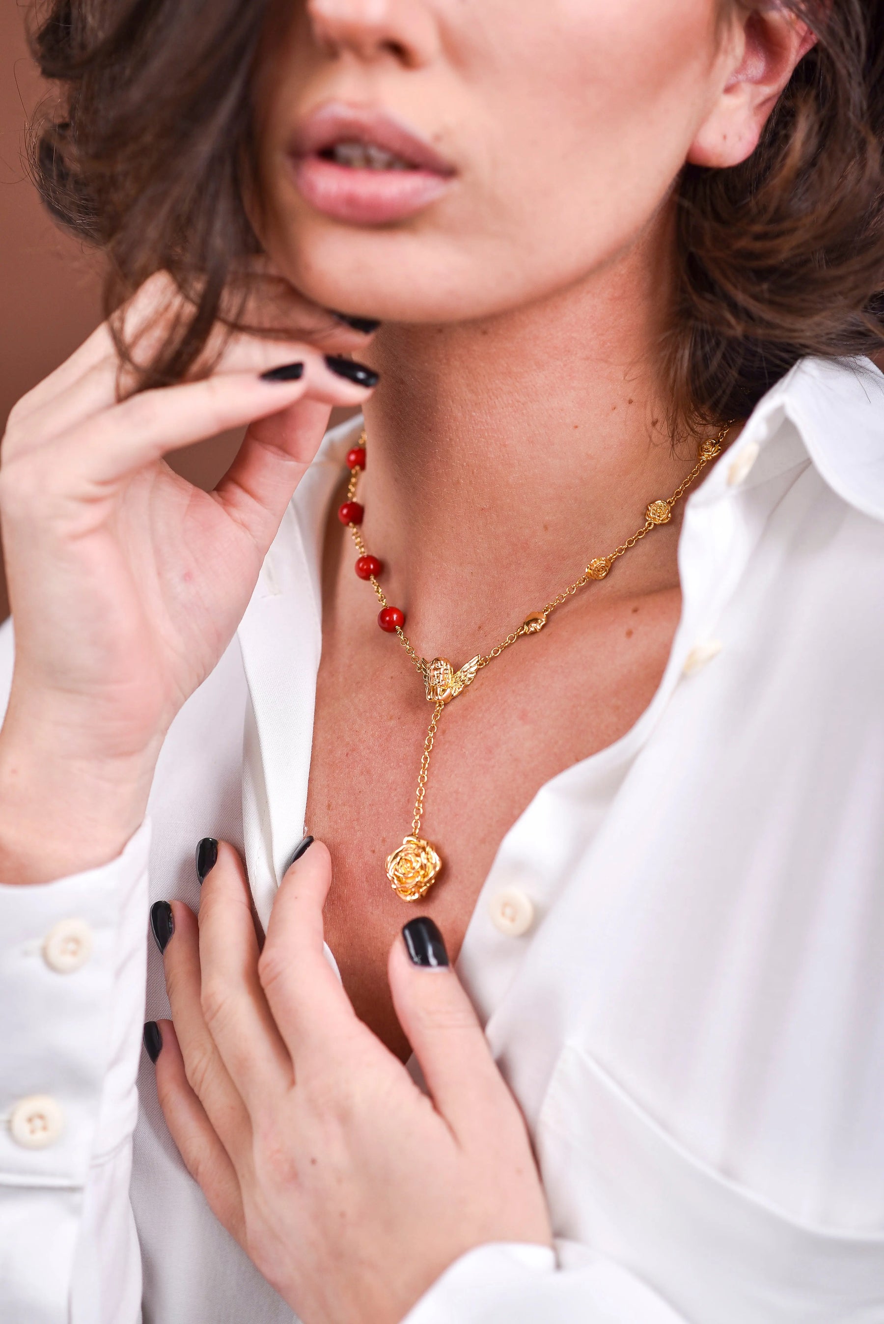 Fervor Gold Cupid Rose Coral Necklace