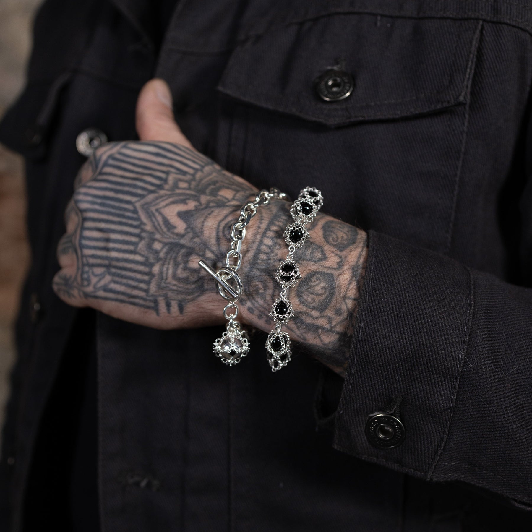 Caged Black Onyx Gemstone Bracelet in Silver