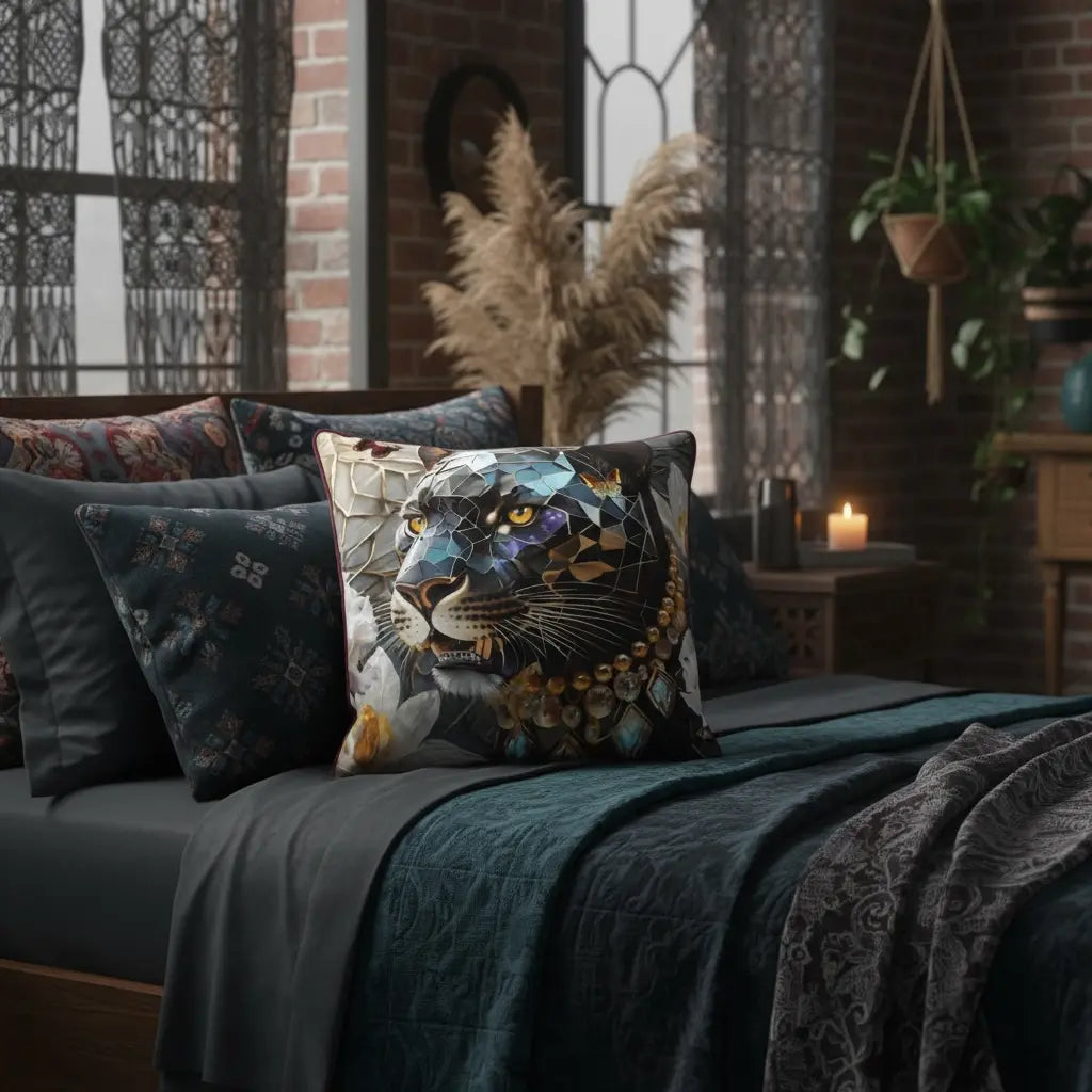 Dusk's Crystal Panther Guardian Velvet Throw Pillow