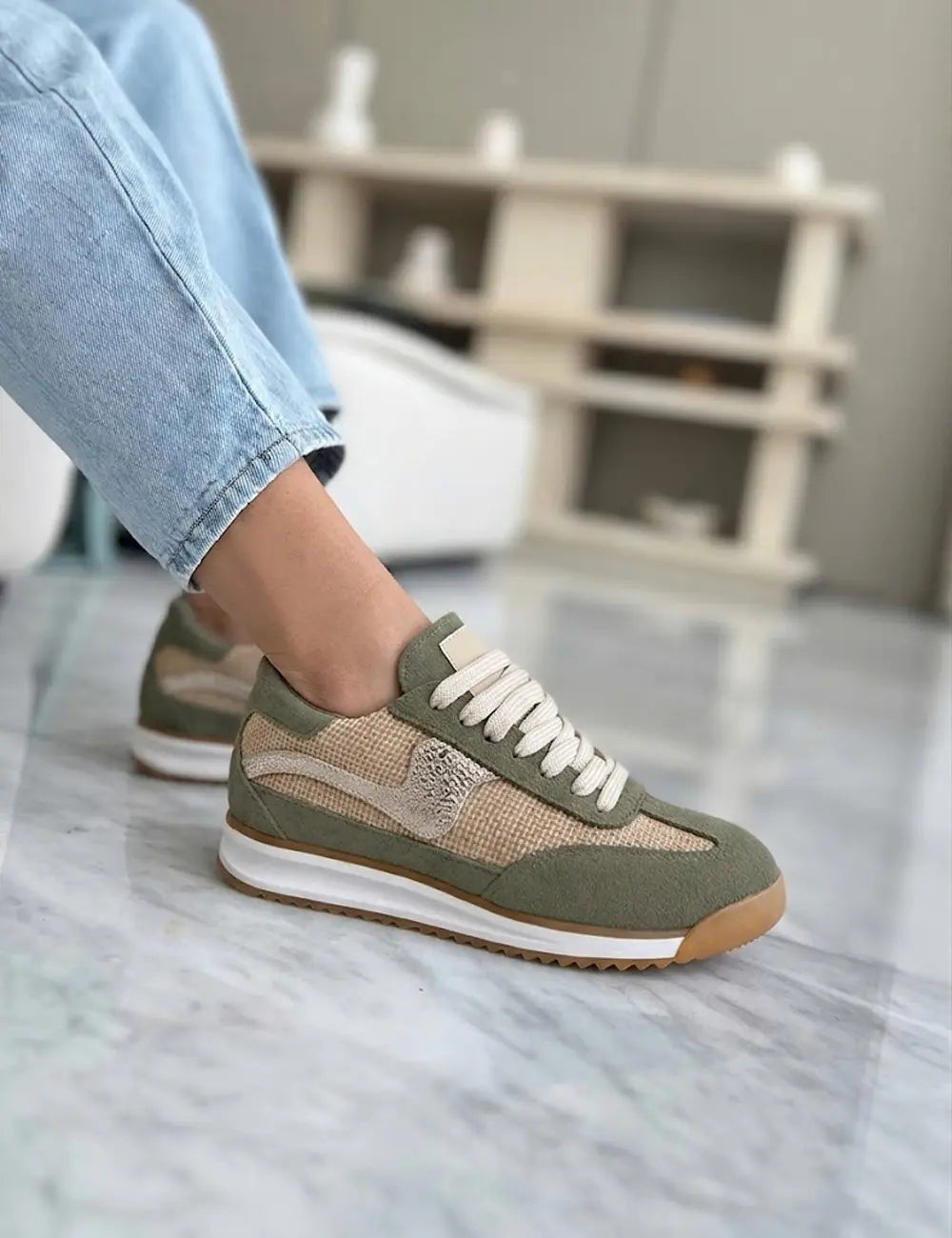 Poema Raffia Green Suede