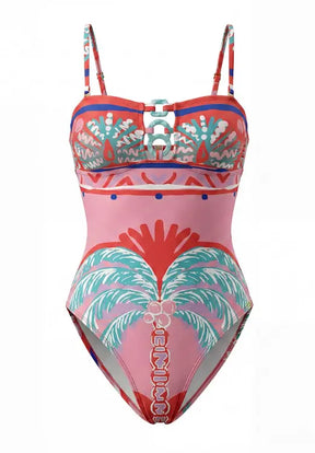 Trim Bandeau Swimsuit Pink Palm