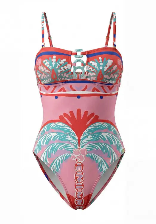 Trim Bandeau Swimsuit Pink Palm