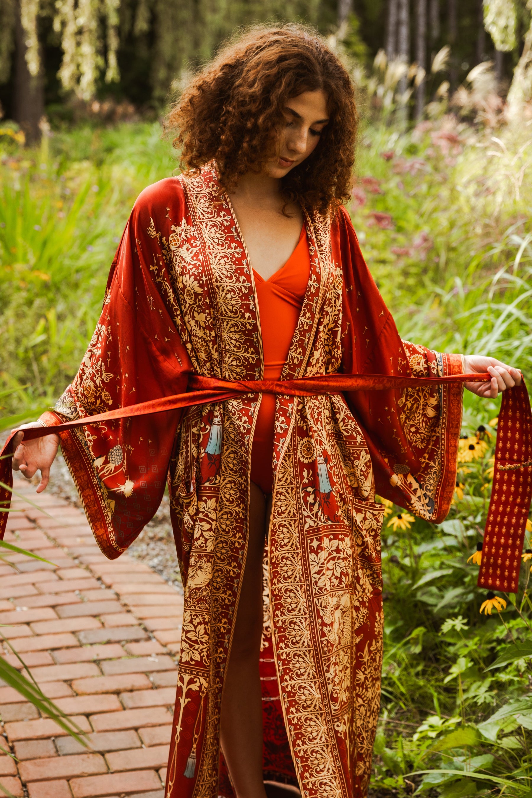 Tree Of Life Silk Robe In Rust