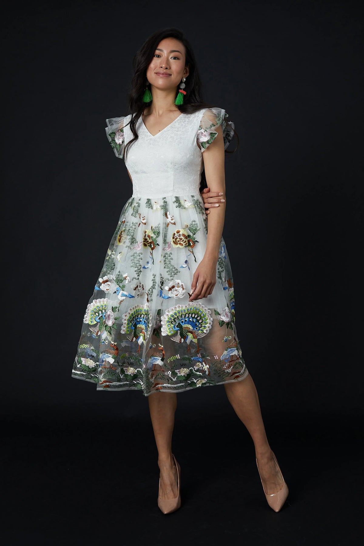 Short-sleeved Qiaochu Embroidered Peacock Dress