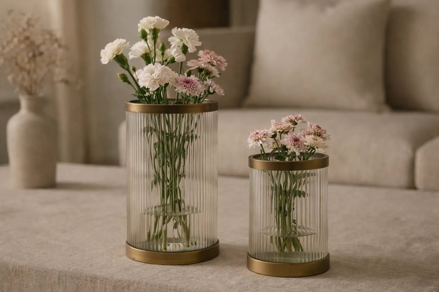 Vetra Ribbed Hurricane Candle Holder — Antique Brass Finish