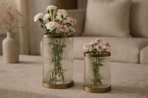 Vetra Ribbed Hurricane Candle Holder — Antique Brass Finish