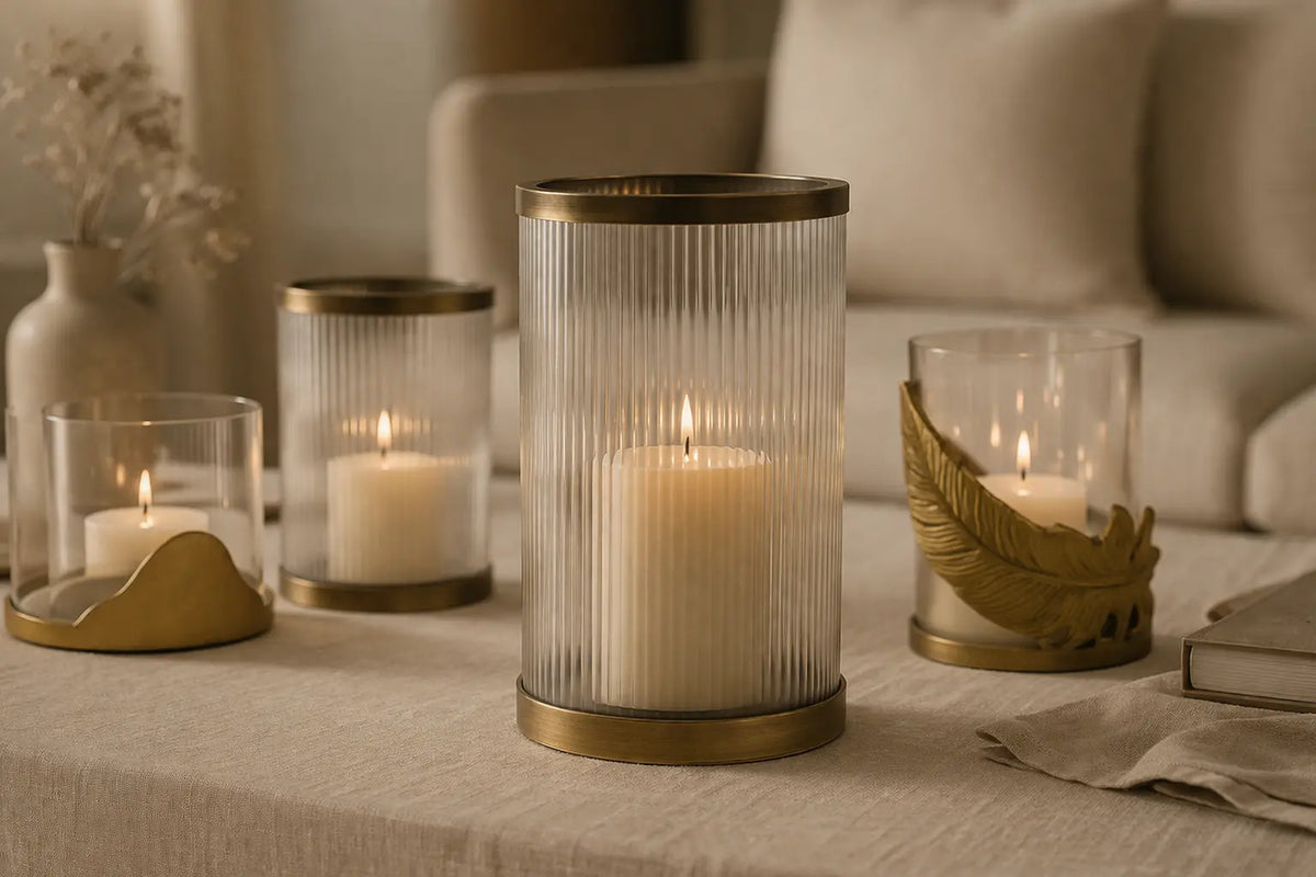 Vetra Ribbed Hurricane Candle Holder — Antique Brass Finish