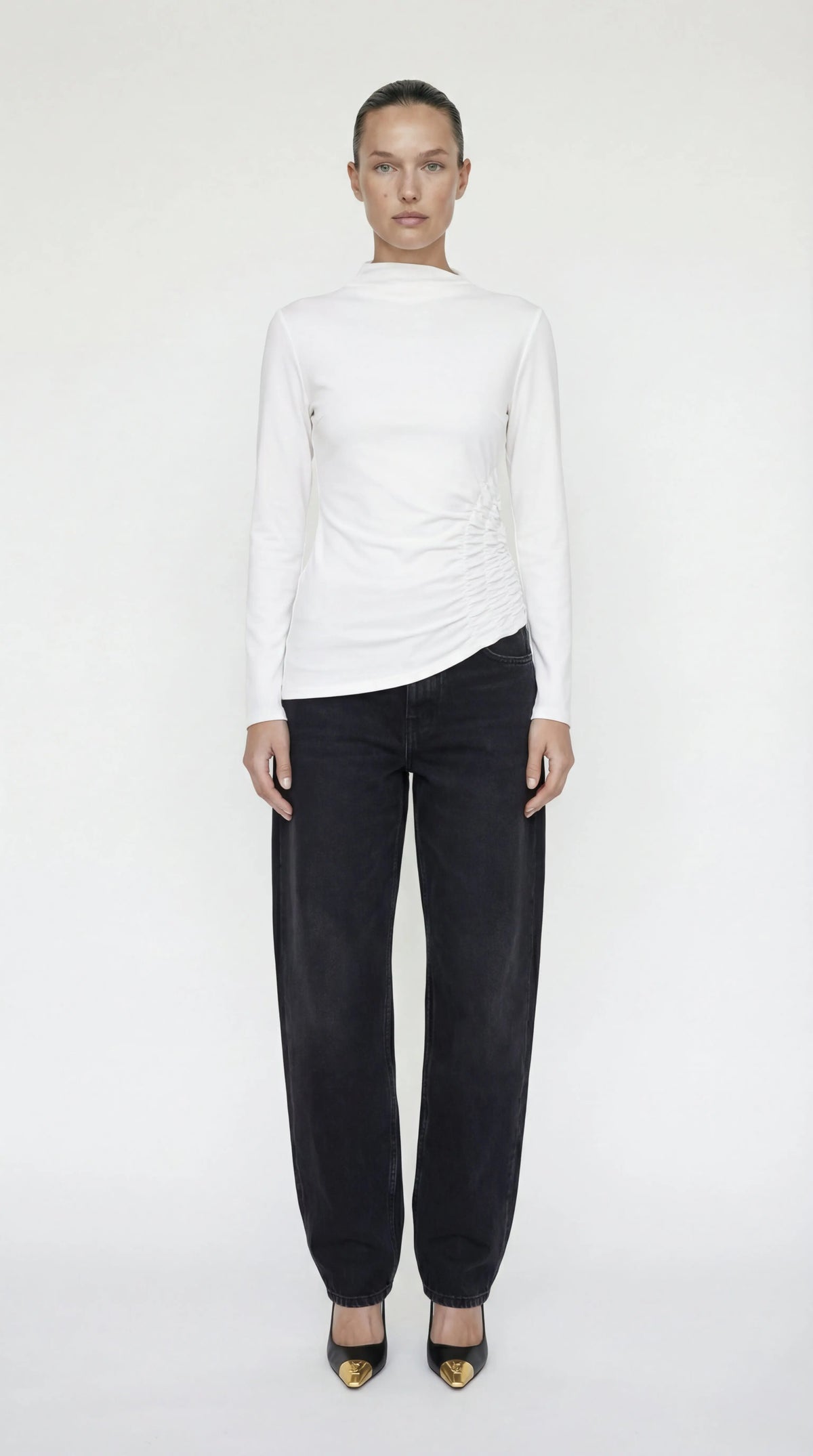 Toni Asymmetrical Ruched Mock Neck Top