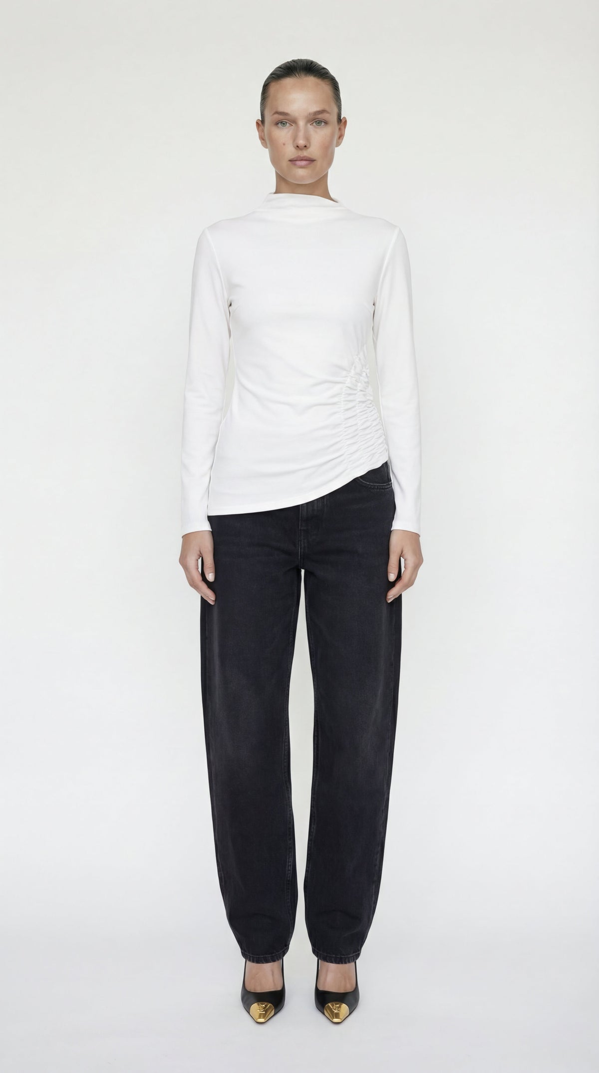 Toni Asymmetrical Ruched Mock Neck Top
