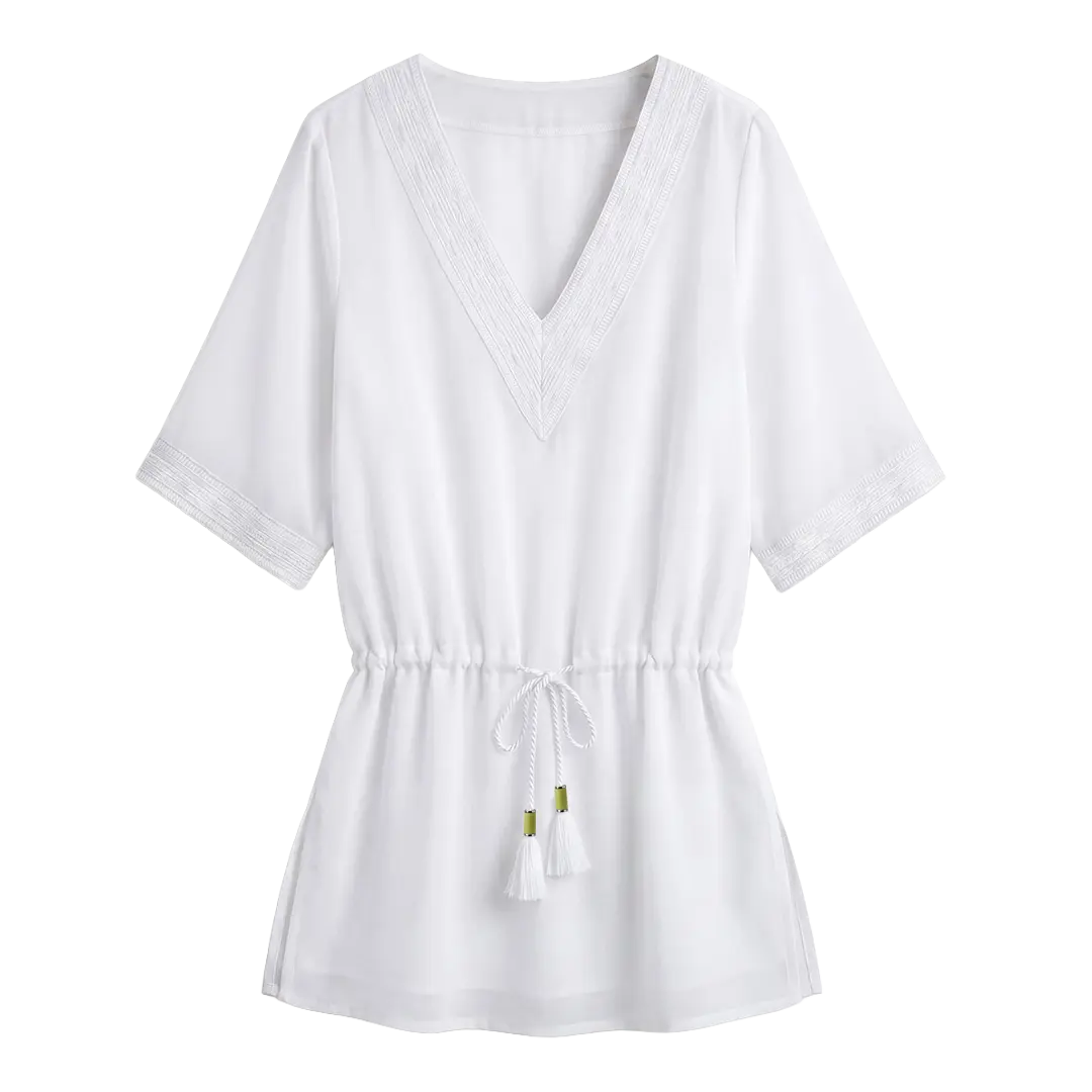Short Embroidered Kaftan White