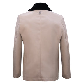 Casual synthetic leather jacket featuring plush accents