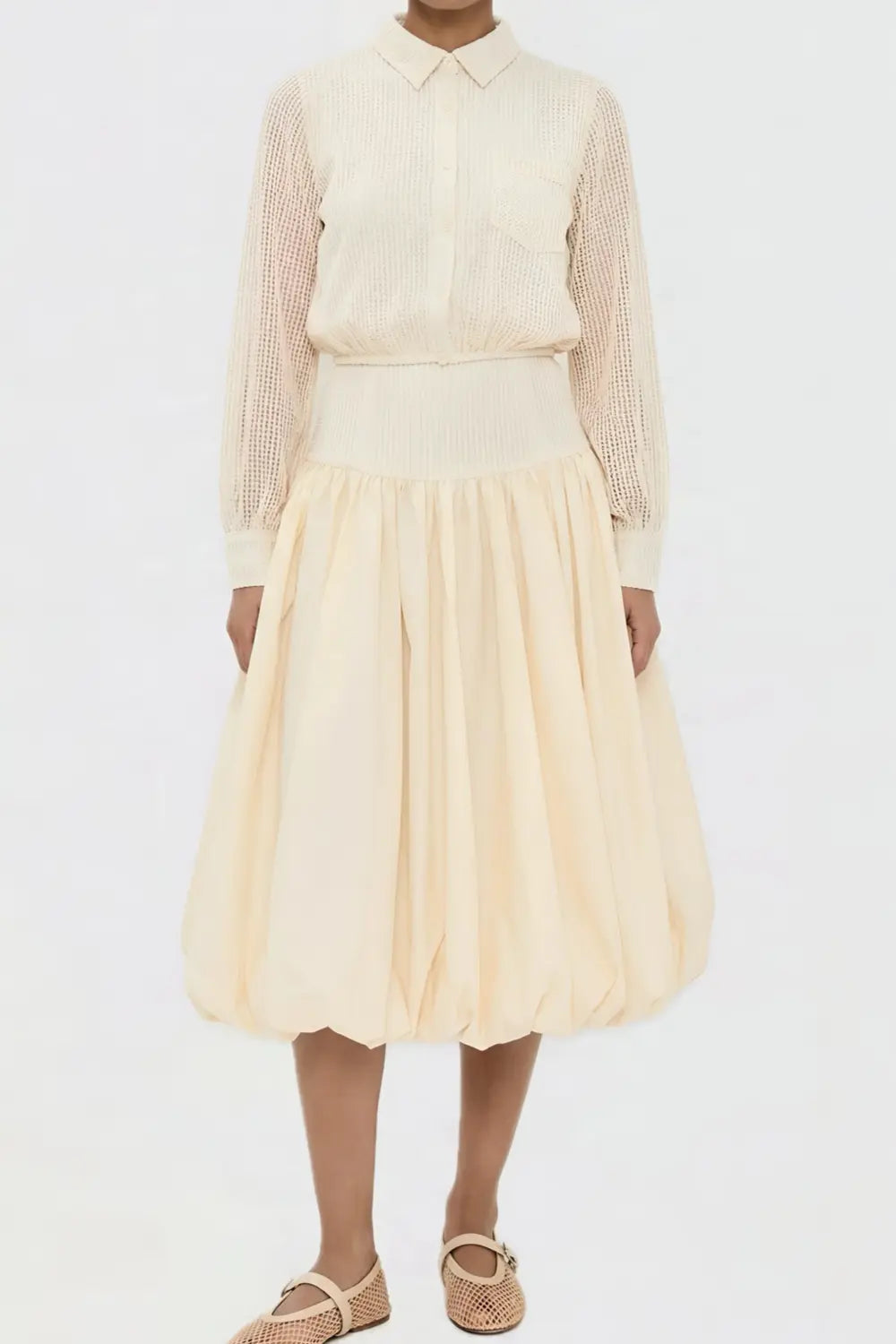 Kemi  Ivory Crochet Open Knit Collared Top