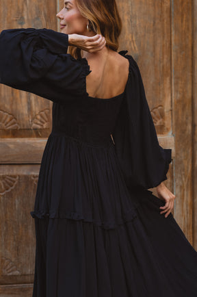 Floriana Long Sleeve Midi Dress - Black