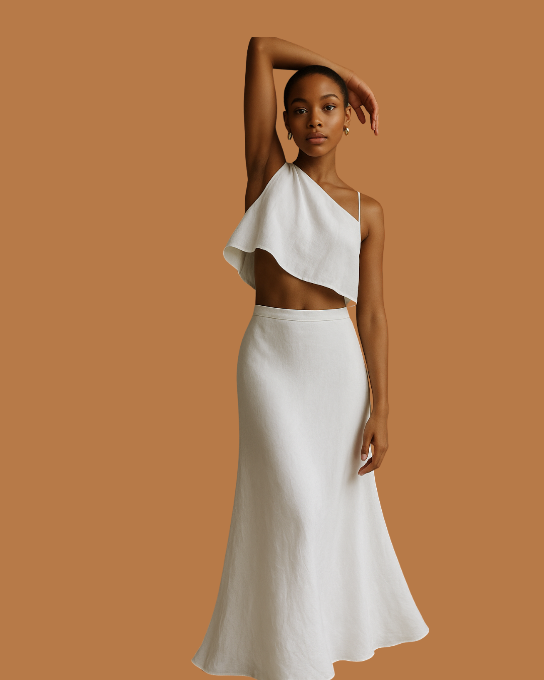 The Ivory Cascade Two-Piece Set – Linen Crop Top & Flowy Skirt