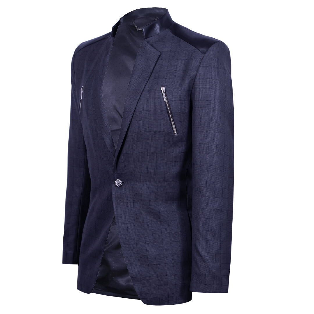 Gray checkered blazer with synthetic trim and zippers
