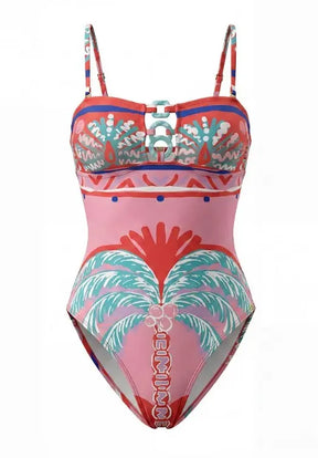 Trim Bandeau Swimsuit Pink Palm
